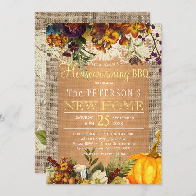 Country rustic fall floral burlap housewarming bbq invitation (Front/Back)