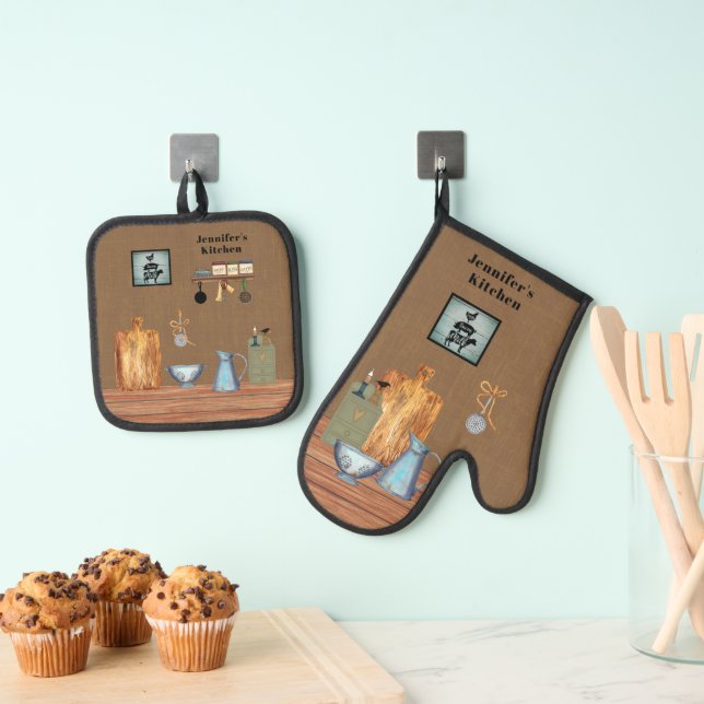 Country Rustic Farmhouse Kitchen Personalised Oven Mitt & Pot Holder Set (Insitu(Hanging))