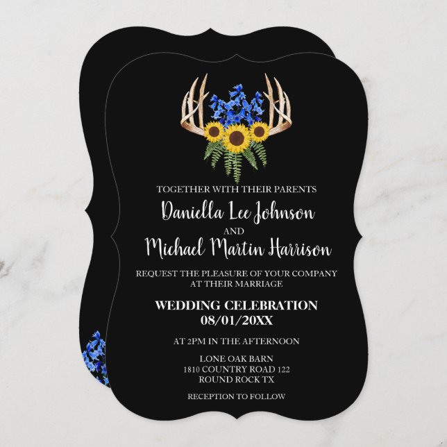 Country Rustic Floral Antlers Wedding Invitation (Front/Back)