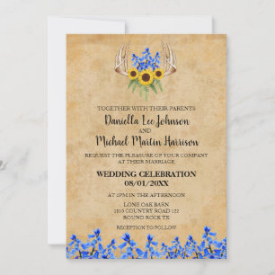 Country Rustic Floral Antlers Wedding Invitation