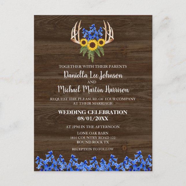 Country Rustic Floral Antlers Wedding Invitation Postcard (Front)
