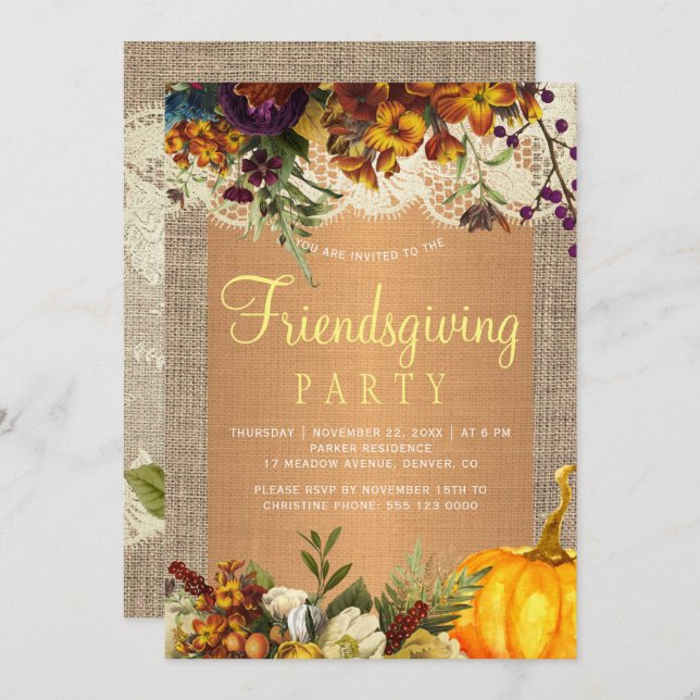 Country rustic floral burlap friendsgiving party invitation (Front/Back)