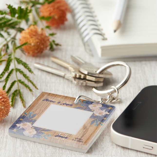 Country Rustic Floral Navy Pink Key Ring (Front Right)