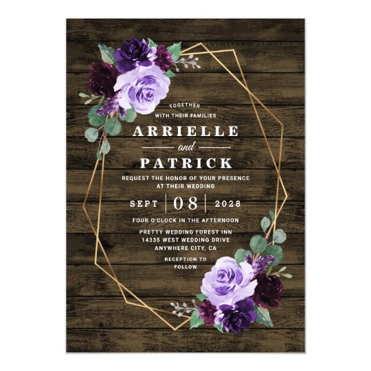 Country Rustic Floral Purple and Gold Wedding Invitation
