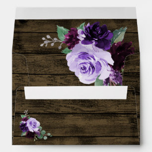 Country Rustic Floral Purple and Gold Wood Wedding Envelope