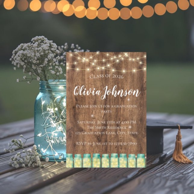 Country Rustic Glowing Fairy Lights Mason Jar Invitation (Country rustic graduation invite with string lights and glowing fairy lights in blue mason jars.)