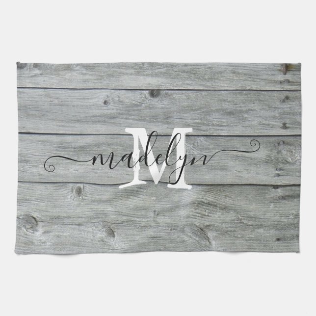 Country Rustic Grey Pattern Monogram Script  Tea Towel (Horizontal)