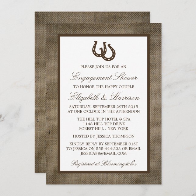 Country Rustic Horseshoe Brown Burlap Engagement Invitation (Front/Back)