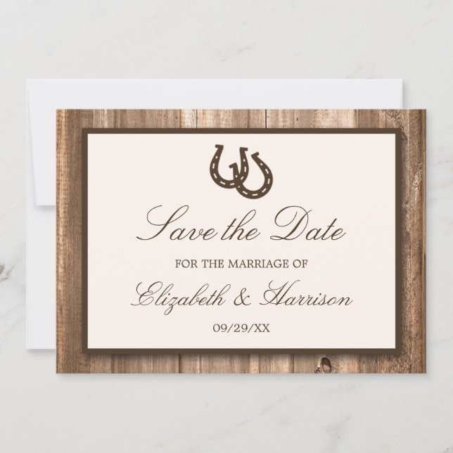 Country Rustic Horseshoe, Brown Wood Save The Date (Front)