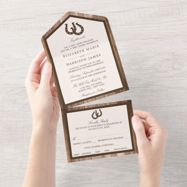 Country Rustic Horseshoe & Brown Wood Wedding All In One Invitation (Tearaway)
