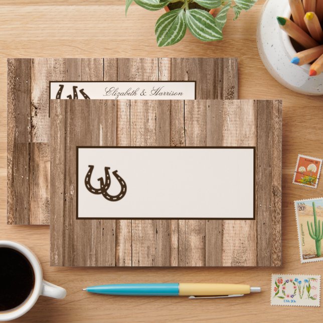 Country Rustic Horseshoe, Brown Wood Wedding Envelope (Desk)
