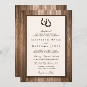 Country Rustic Horseshoe & Brown Wood Wedding Invitation