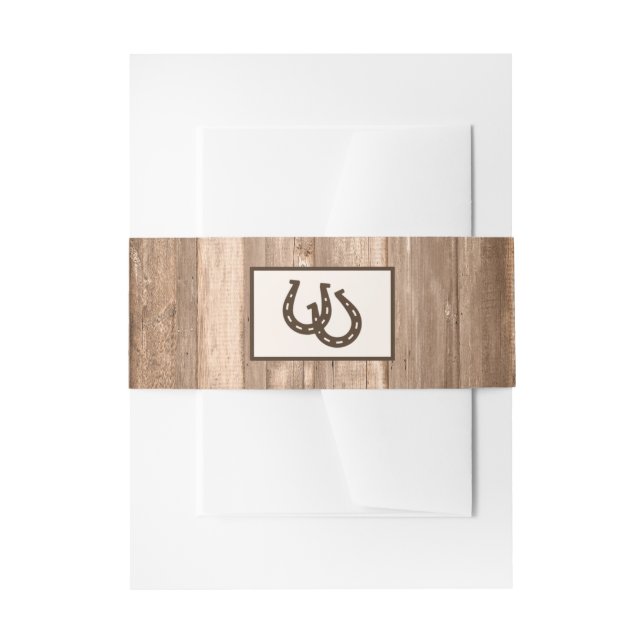 Country Rustic Horseshoe & Brown Wood Wedding Invitation Belly Band (Front Example)