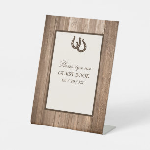 Country Rustic Horseshoe & Brown Wood Wedding Pedestal Sign