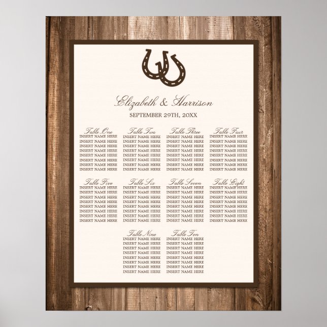 Country Rustic Horseshoe & Brown Wood Wedding Poster (Front)