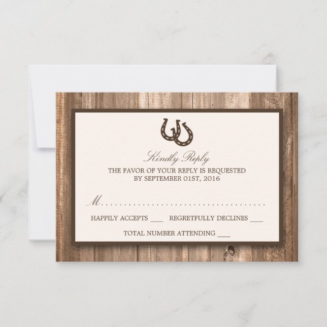 Country Rustic Horseshoe & Brown Wood Wedding RSVP Card (Front)