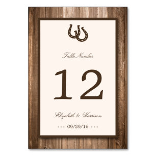 Country Rustic Horseshoe & Brown Wood Wedding Table Number