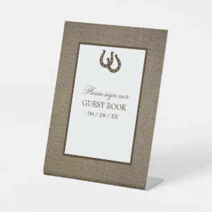 Country Rustic Horseshoe On Burlap Pedestal Sign