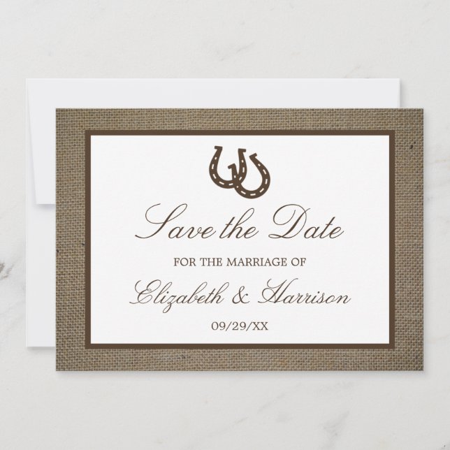 Country Rustic Horseshoe On Burlap Save The Date (Front)