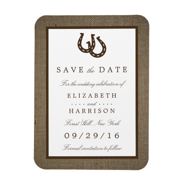 Country Rustic Horseshoe On Burlap Save The Date Magnet (Vertical)