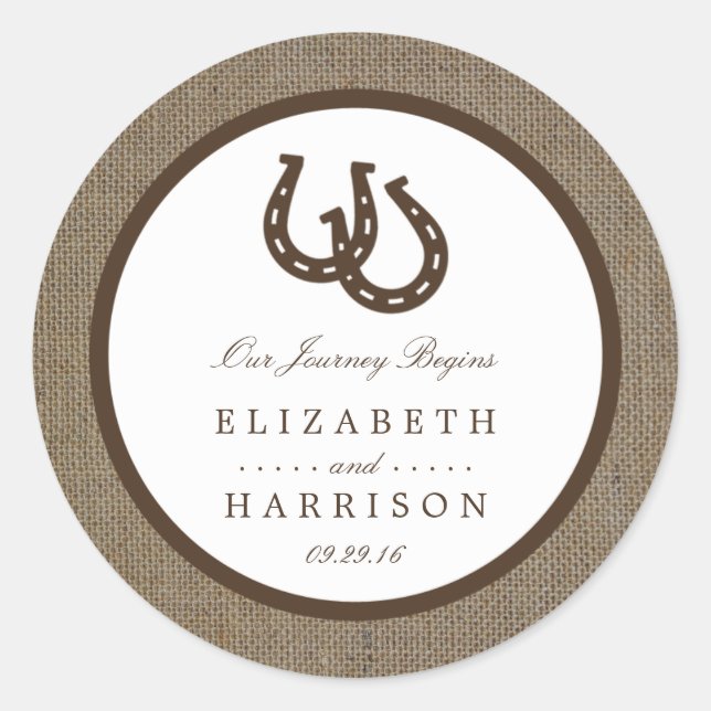 Country Rustic Horseshoe On Burlap Wedding Classic Round Sticker (Front)