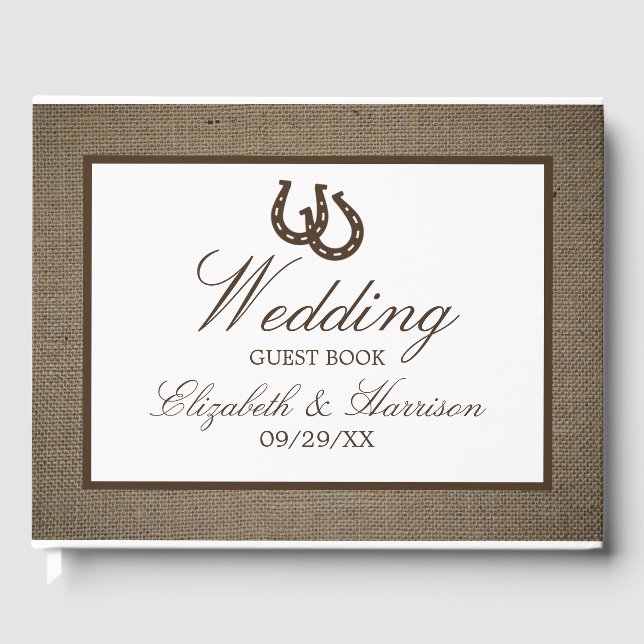 Country Rustic Horseshoe On Burlap Wedding Guest Book (Front)