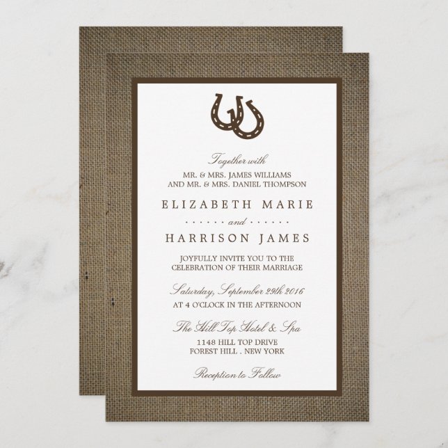 Country Rustic Horseshoe On Burlap Wedding Invitation (Front/Back)