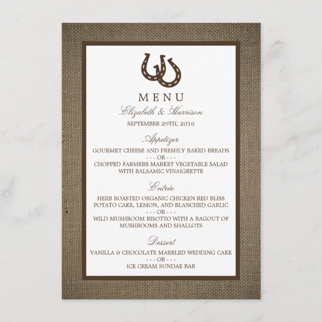 Country Rustic Horseshoe On Burlap Wedding Menu (Front)