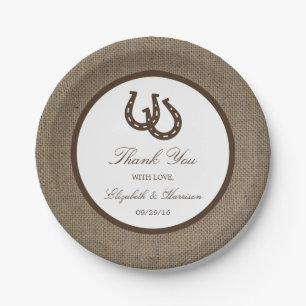Country Rustic Horseshoe On Burlap Wedding Paper Plate