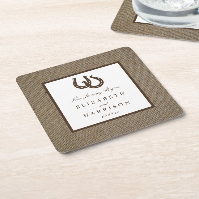 Country Rustic Horseshoe On Burlap Wedding Square Paper Coaster (Angled)