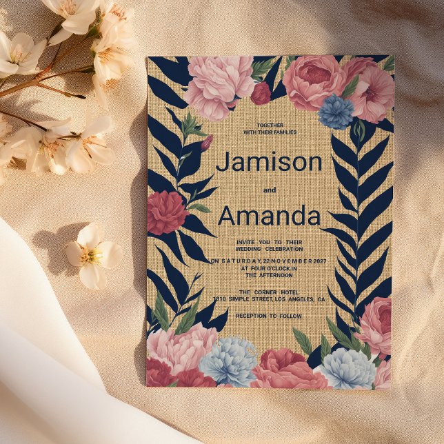 Country rustic ivory navy blue pink floral Wedding Invitation (Country rustic ivory navy blue pink floral Wedding )