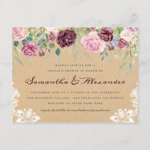 Country Rustic Kraft Lace Floral Couple's Shower Invitation Postcard