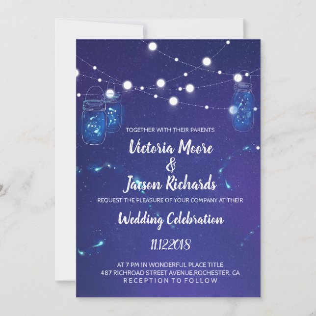 Country Rustic lights mason jars fireflies Wedding Invitation (Front)