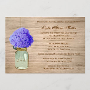 Country Rustic Mason Jar Cornflower Blue Hydrangea Invitation