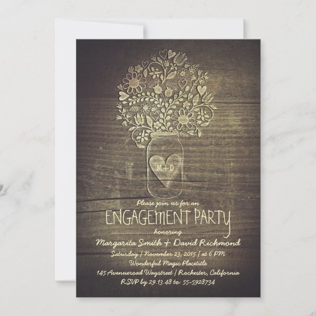 country rustic mason jar floral engagement party invitation (Front)