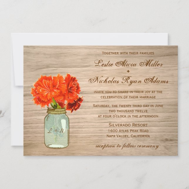 Country Rustic Mason Jar Flowers Wedding Invitation (Front)