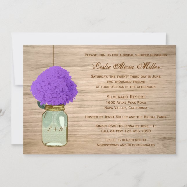 Country Rustic Mason Jar Hydrangea Bridal Shower Invitation (Front)