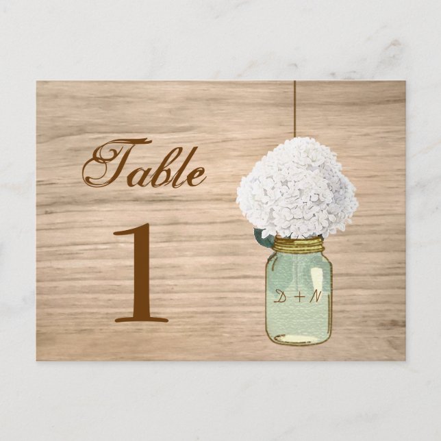 Country Rustic Mason Jar & Hydrangea Table Number Postcard (Front)