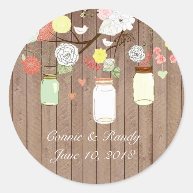 Country Rustic Mason Jar on Wood Wedding Sticker (Front)
