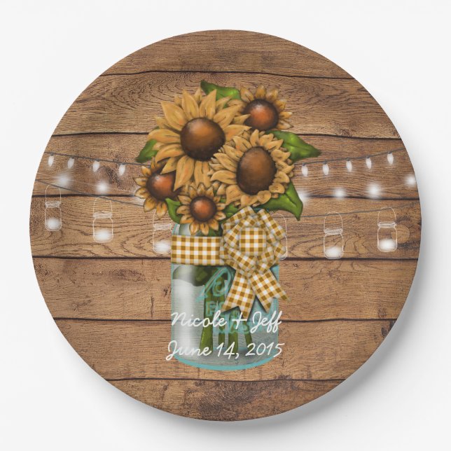 Country Rustic Mason Jar with Sunflower Paper Plate (Front)