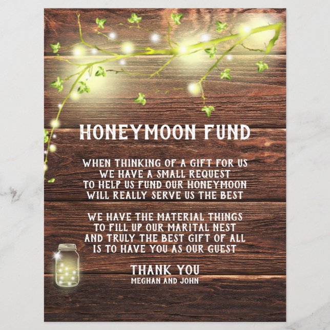 Country Rustic Mason String Lights Honeymoon Fund  (Front)
