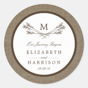 Country Rustic Monogram Branch & Burlap Wedding Classic Round Sticker