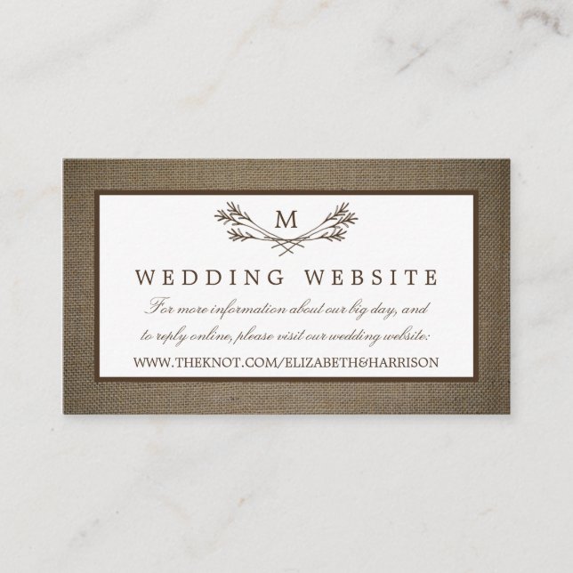 Country Rustic Monogram Branch & Burlap Wedding Enclosure Card (Front)