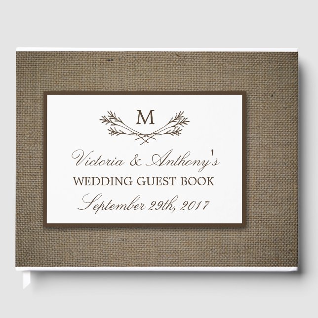Country Rustic Monogram Branch & Burlap Wedding Guest Book (Front)