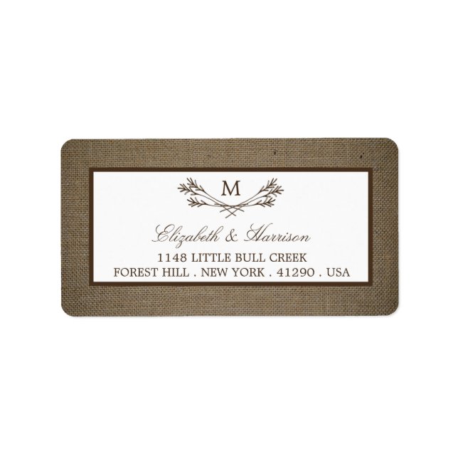 Country Rustic Monogram Branch & Burlap Wedding Label (Front)