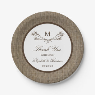 Country Rustic Monogram Branch & Burlap Wedding Paper Plate