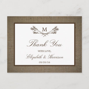 Country Rustic Monogram Branch & Burlap Wedding Postcard
