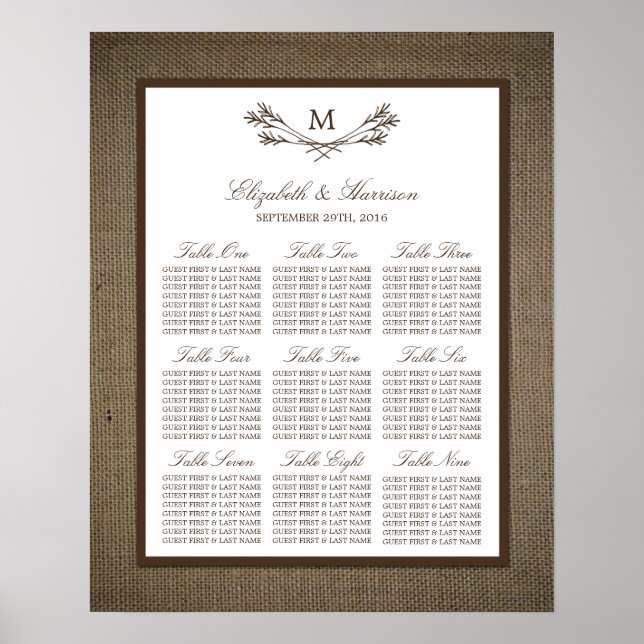 Country Rustic Monogram Branch & Burlap Wedding Poster (Front)