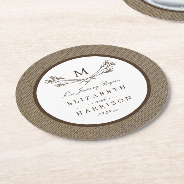 Country Rustic Monogram Branch & Burlap Wedding Round Paper Coaster (Angled)
