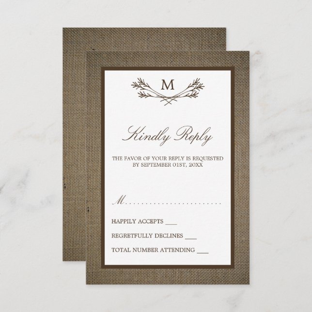 Country Rustic Monogram Branch & Burlap Wedding RSVP Card (Front/Back)